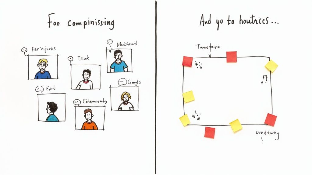 A whiteboard drawing showing two distinct concepts: people in frames and a diagram with sticky notes.