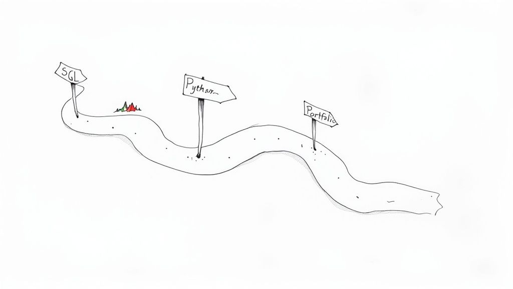 A person at a desk with multiple monitors showing data visualizations, preparing for a data analyst interview.