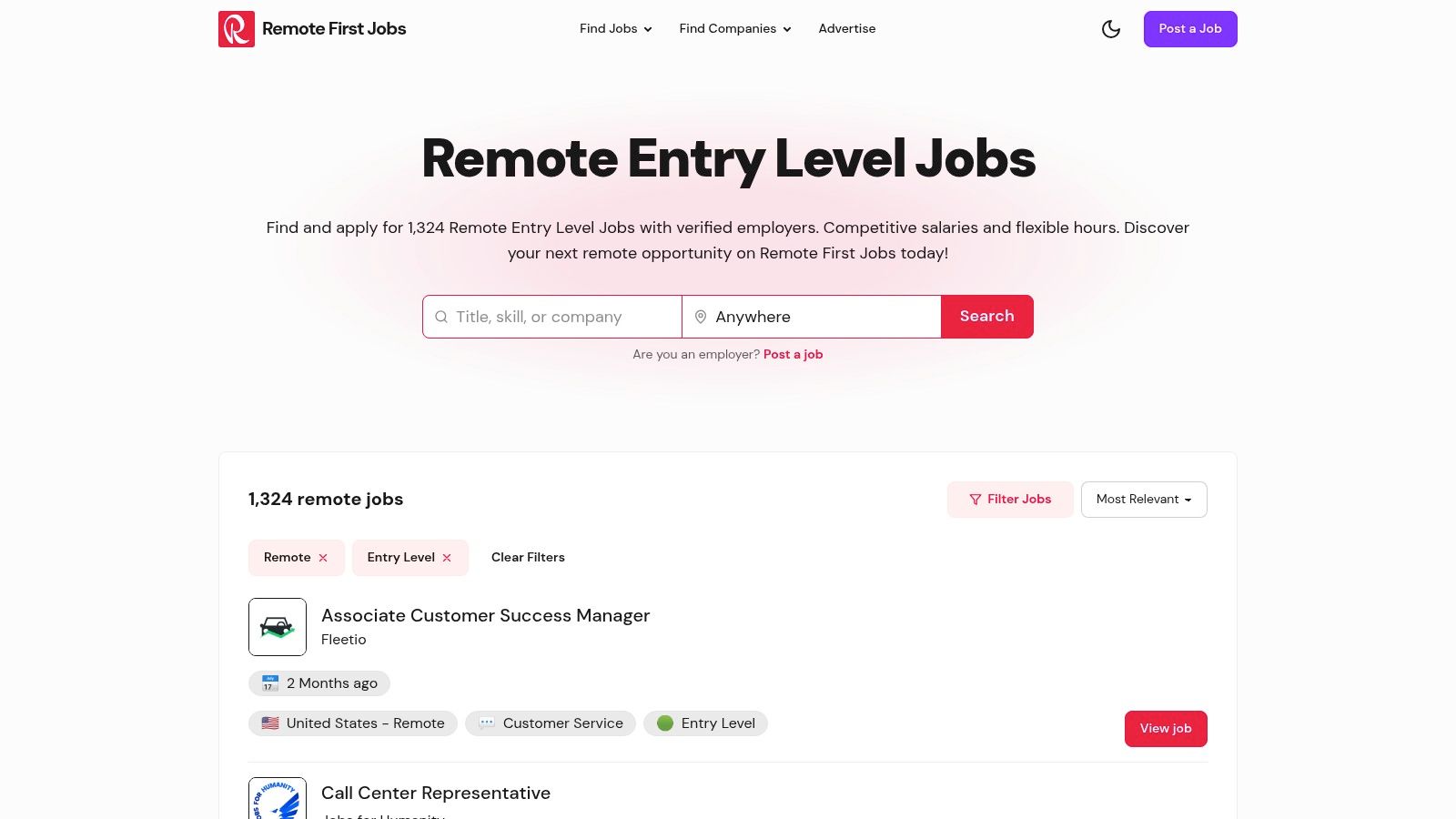A screenshot of the Remote Entry Level Jobs website, showing a clean interface with job listings and filter options.