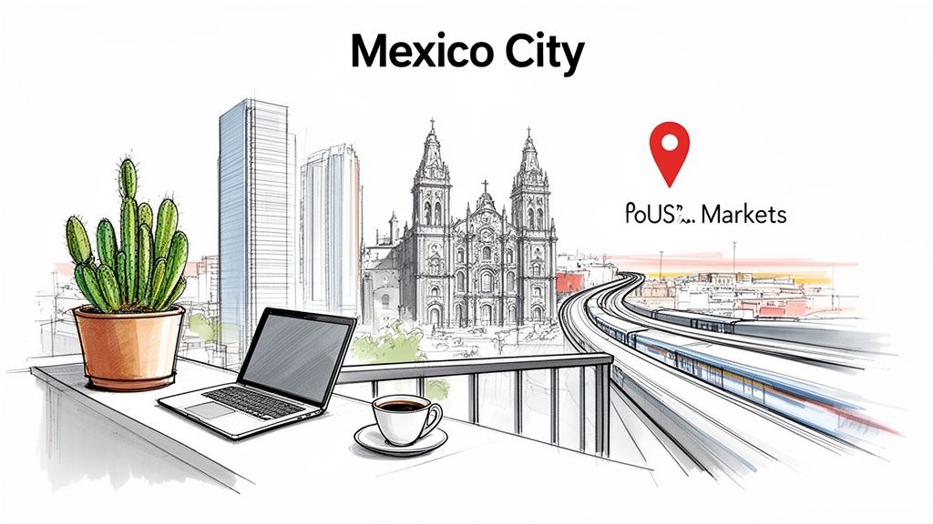 A digital nomad’s workspace on a balcony overlooking a sketched Mexico City skyline with a cathedral.