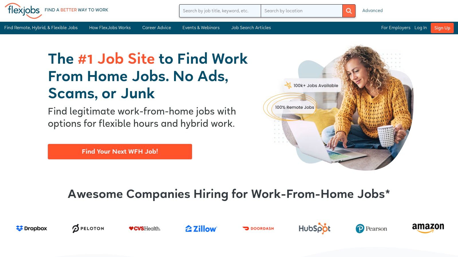 FlexJobs homepage showing its job search interface