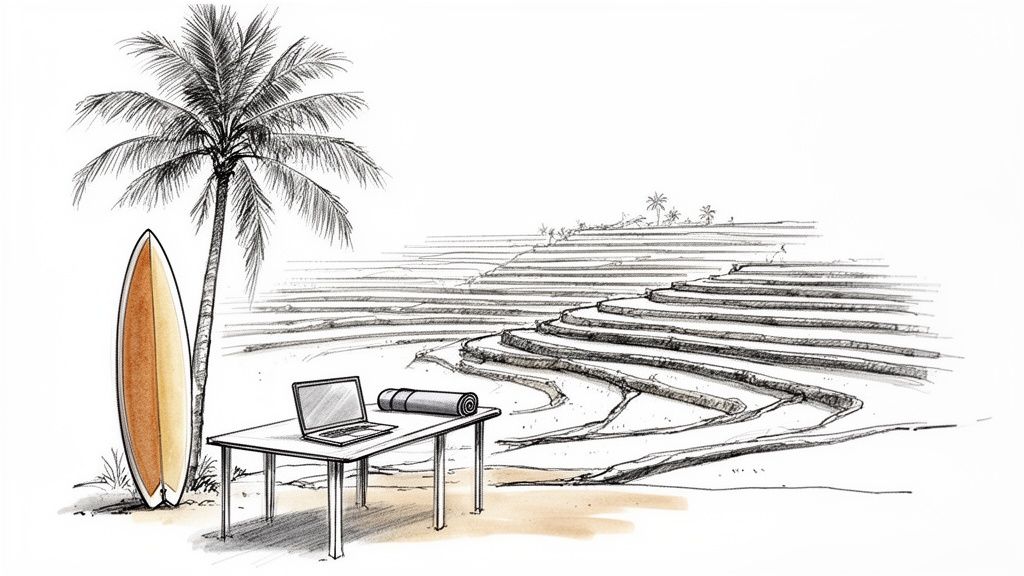 Illustration of a remote work setup with laptop, surfboard, palm tree, and rice terraces, symbolizing digital nomad lifestyle.