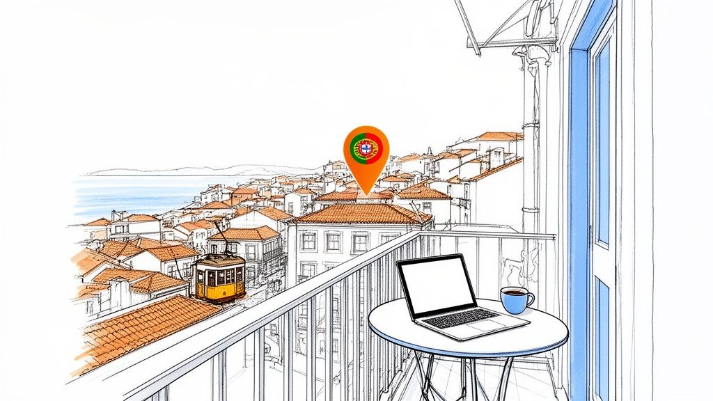 A colorful sketch of a balcony view overlooking a Portuguese city with a tram and a laptop.
