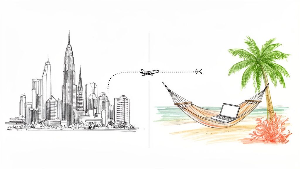 A city skyline on the left, an airplane tracing a dotted path to a tropical beach with a laptop in a hammock.