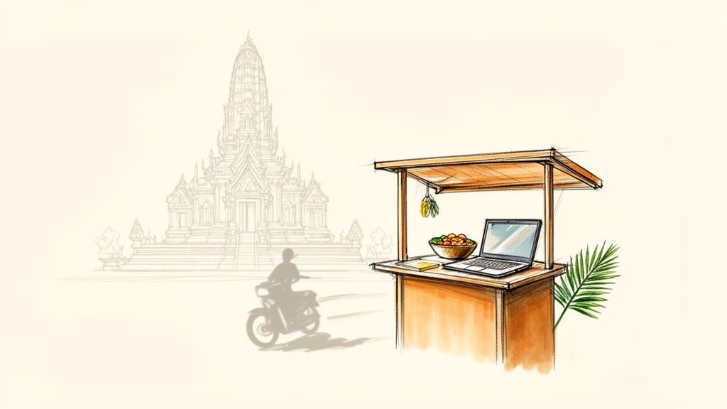 An illustration of a vibrant street food stall with a laptop, a scooter, and a temple in the background.