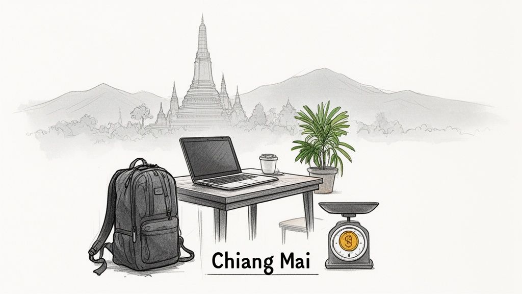 Digital nomad setup in Chiang Mai with a backpack, laptop, plant, and currency scale.