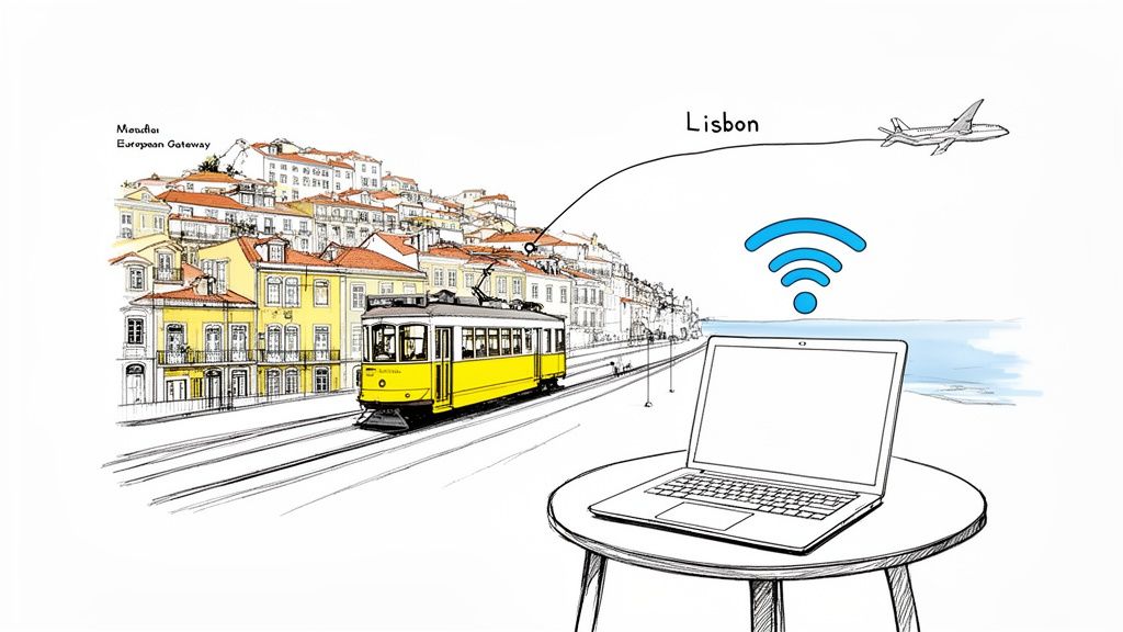 Hand-drawn illustration of Lisbon with a yellow tram, historic buildings, a laptop, Wi-Fi, and an airplane.