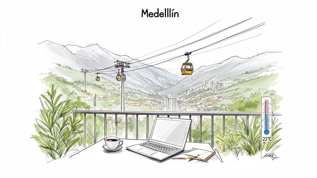 Digital nomad setup in Medellín: laptop, coffee on a balcony with city, mountains, and cable car view.