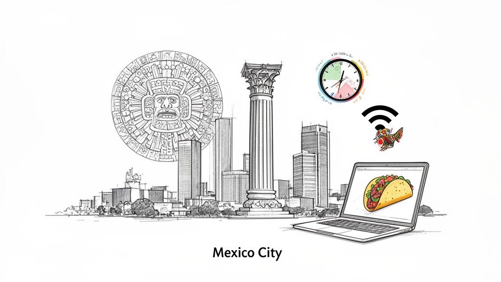 A stylized sketch of Mexico City featuring Aztec calendar, modern skyline, wifi, and a laptop with a taco.