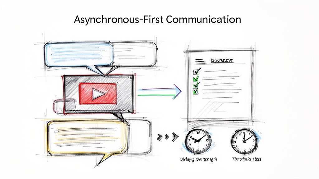 Illustration of asynchronous-first communication, showing a video with comments leading to a task checklist and clocks.