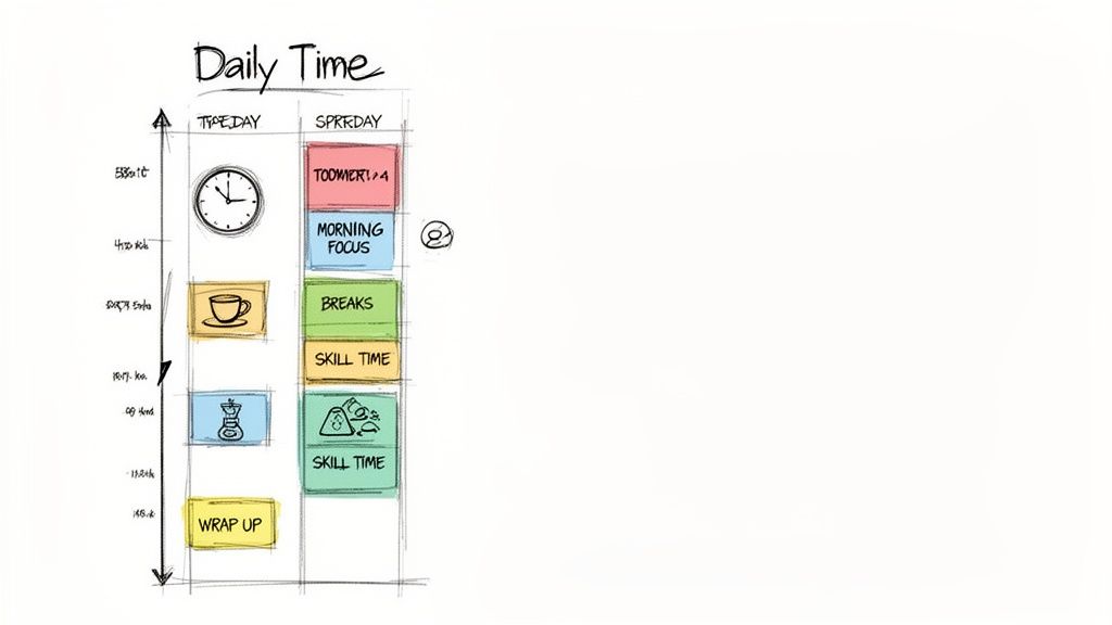 A hand-drawn daily time schedule showing blocks for morning focus, breaks, and skill time.