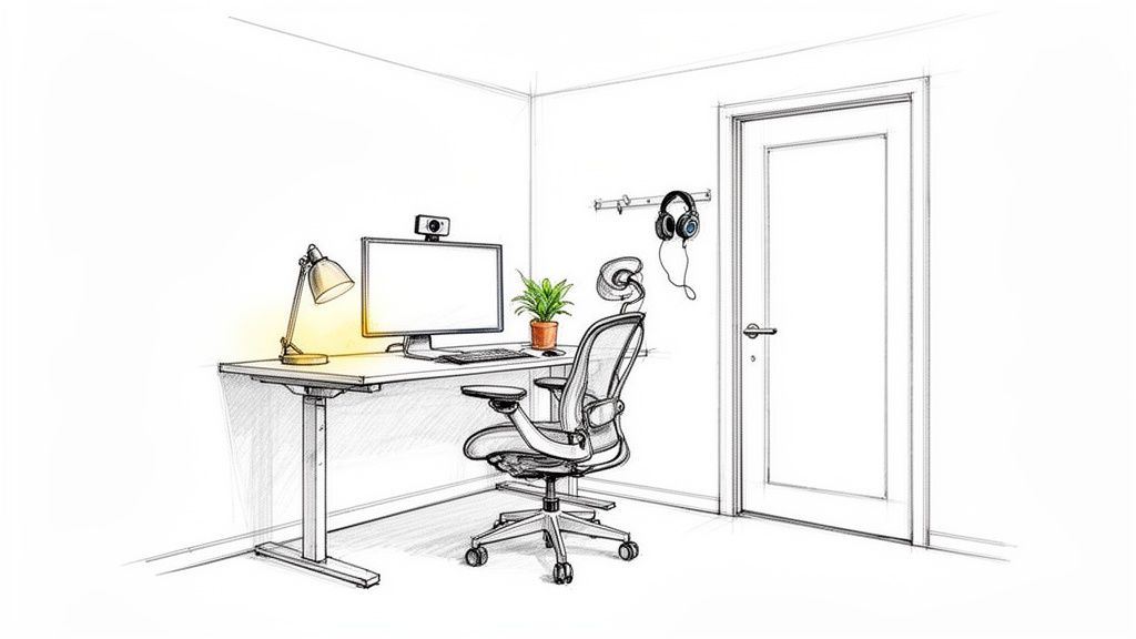 A detailed sketch of a modern home office with an ergonomic setup, standing desk, computer, and plant.