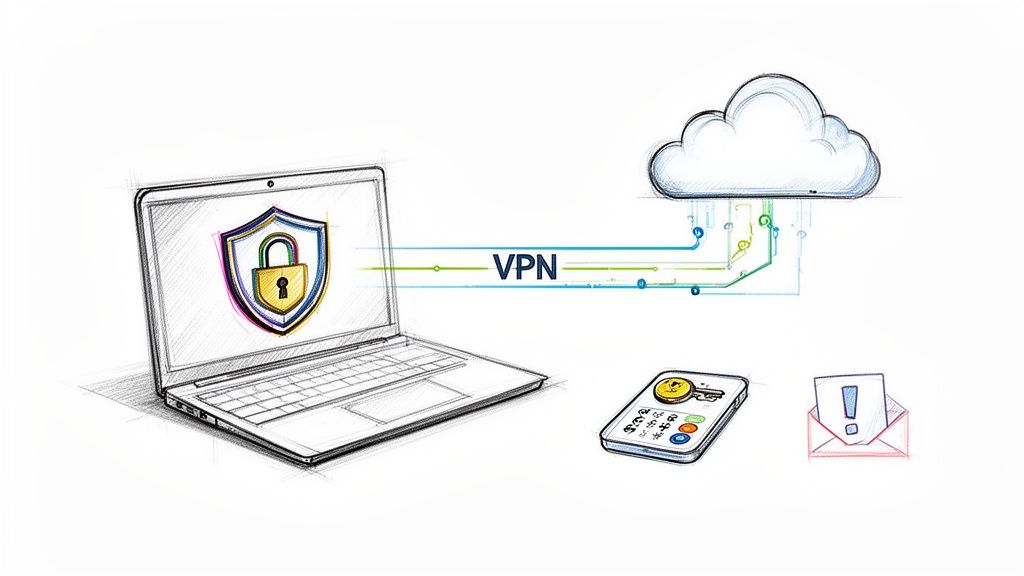 Hand-drawn diagram of a laptop with a security shield connected via VPN to a cloud, depicting secure remote work.