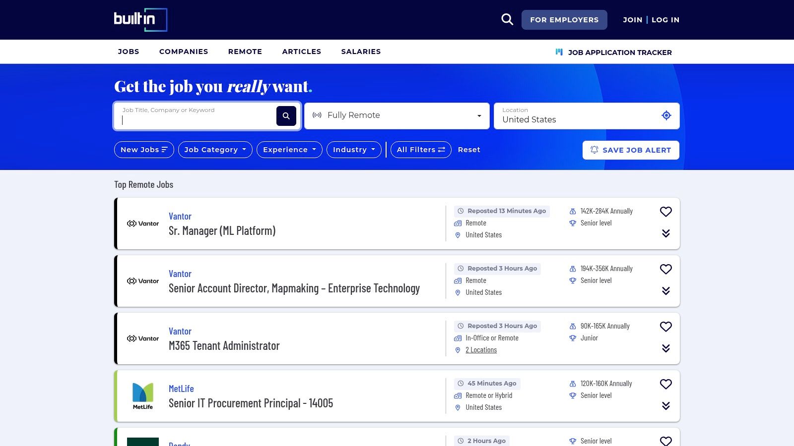 Built In remote job search page