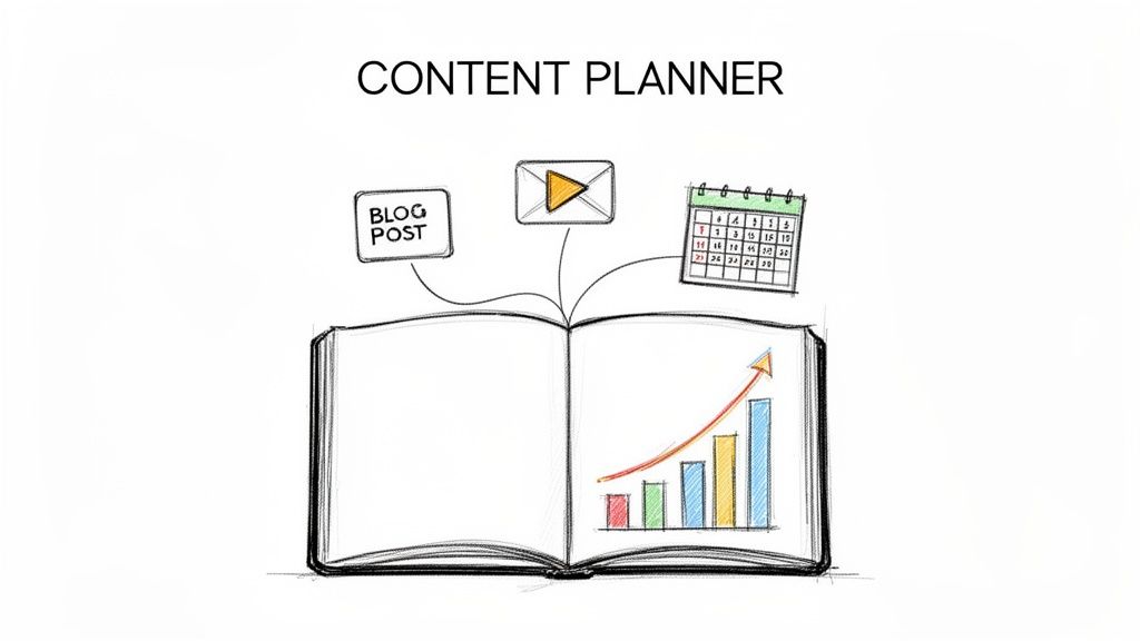Hand-drawn sketch of a content planner with blog posts, video, calendar, and an upward growth chart.