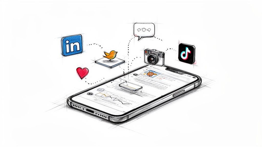 Sketch of a smartphone connected to social media apps like LinkedIn, Twitter, Instagram, and TikTok.