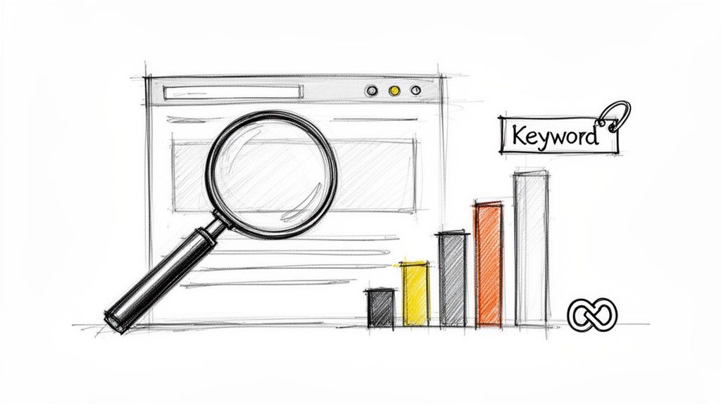 SEO concept sketch with search bar, magnifying glass, ‘Keyword’ tag, and growth chart.