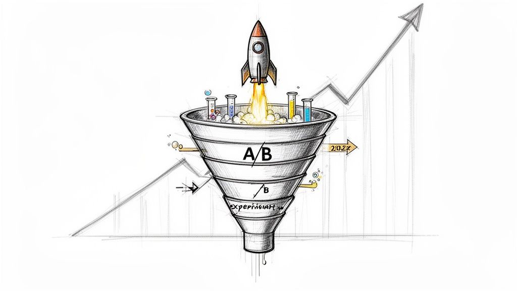 A sketch illustrating a marketing funnel with A/B testing, test tubes, a launching rocket, and an upward growth graph.