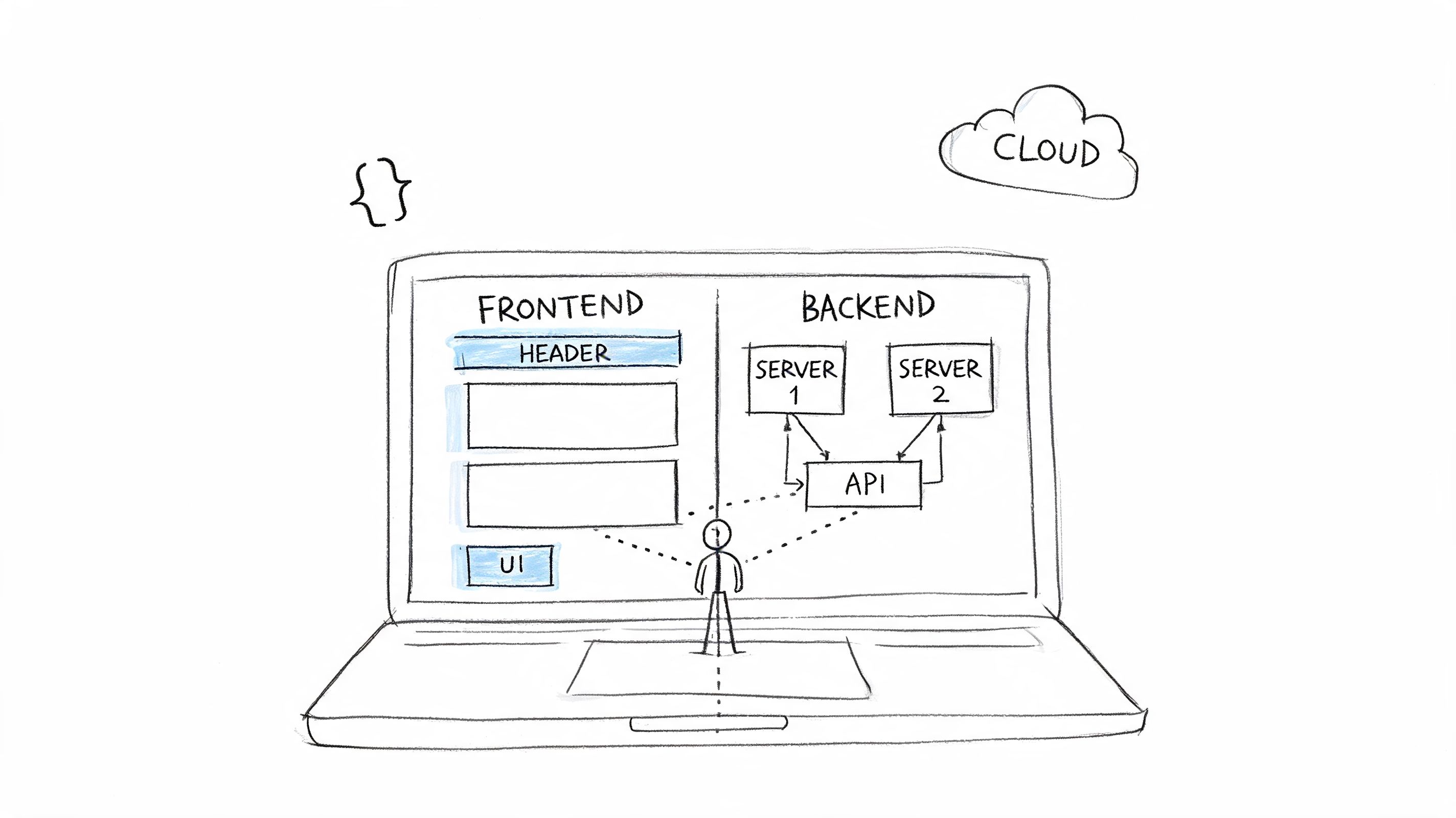 A hand-drawn sketch of a laptop showing the architecture of frontend and backend development with cloud systems.
