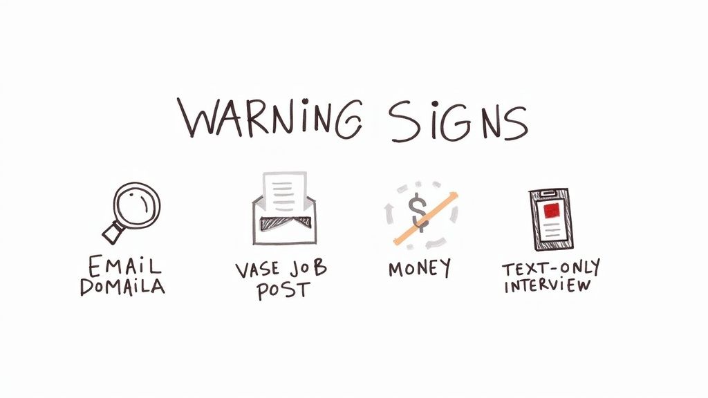 A magnifying glass hovering over a computer screen with a job listing, symbolizing the act of inspecting for scams.