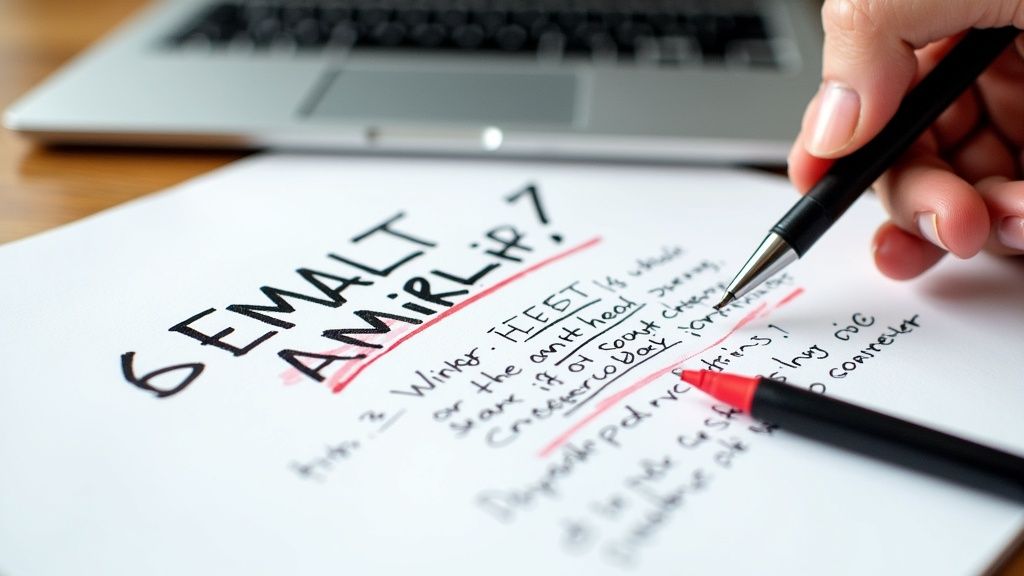 A person is sitting at a clean desk, carefully typing a professional email on their laptop.