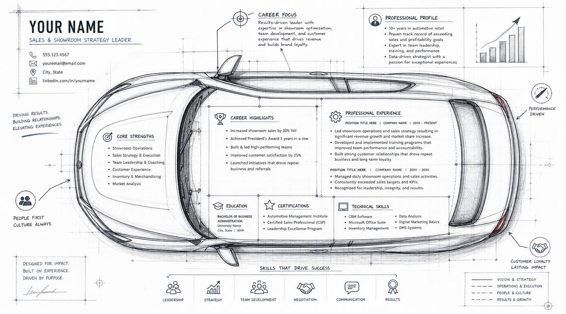 A professional resume template featuring a technical automotive blueprint illustration for a car dealership sales leader position.