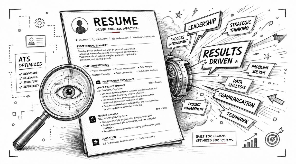 A sketched illustration of a resume being examined by a magnifying glass, emphasizing ATS optimization.