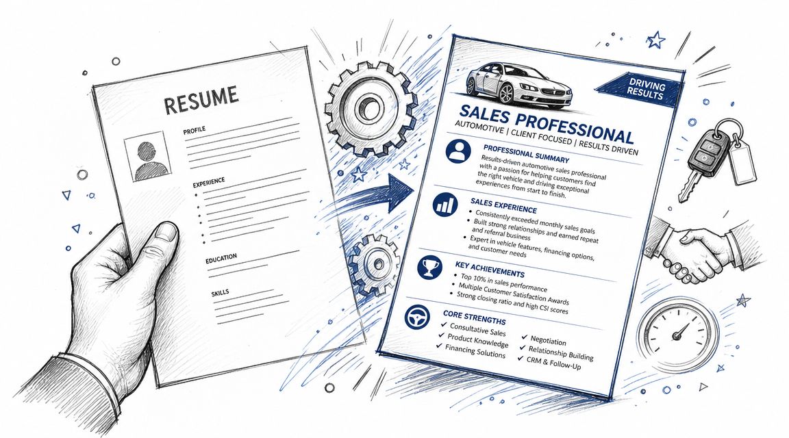 A hand holding a blank resume page next to a completed professional automotive car sales resume example.