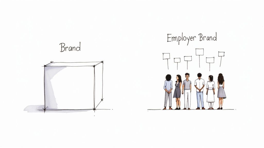 A group of colleagues collaborating and smiling in a modern office space, representing a positive employer brand.