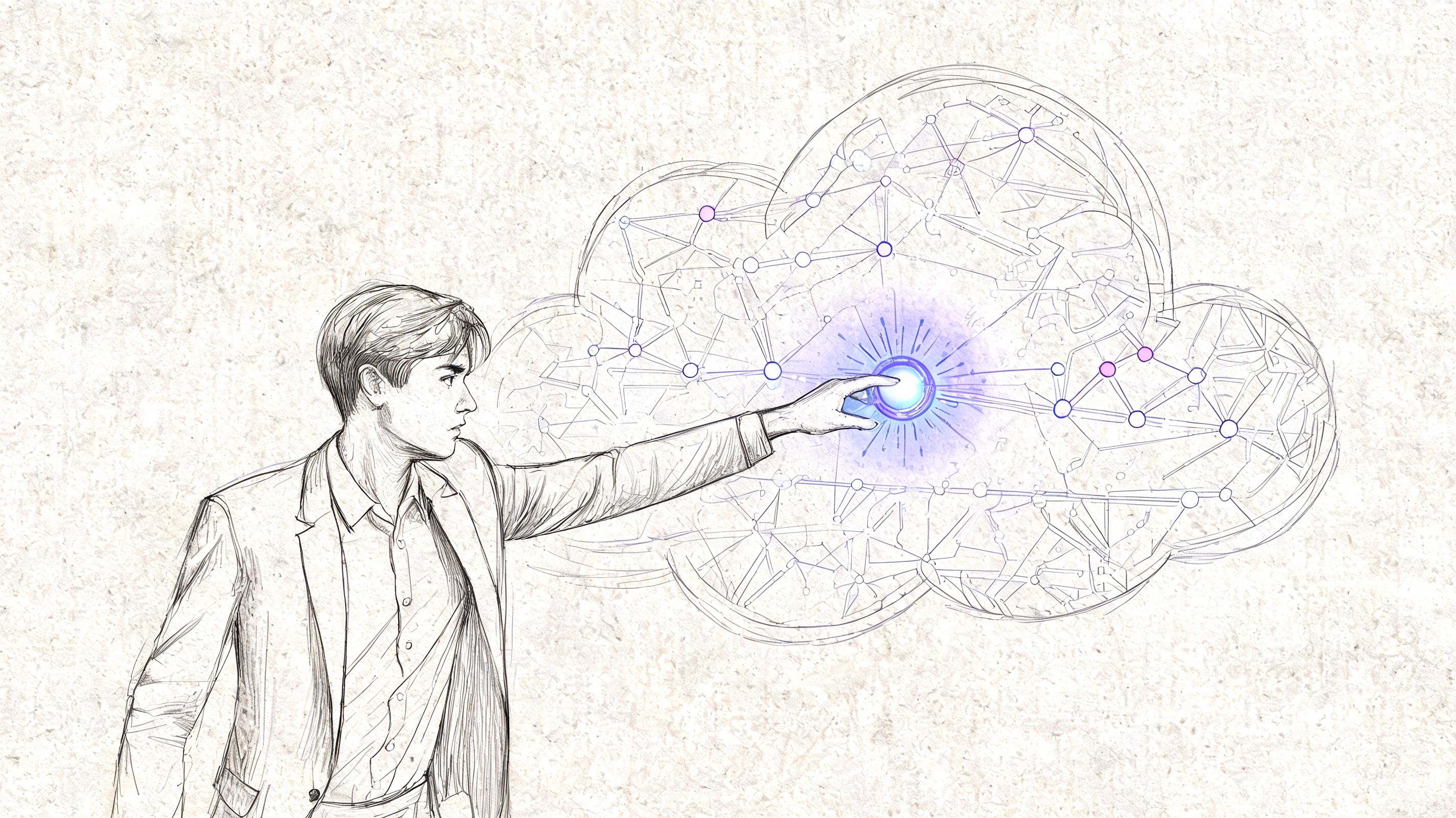 A line-art illustration of a professional man interacting with a glowing digital cloud network interface.