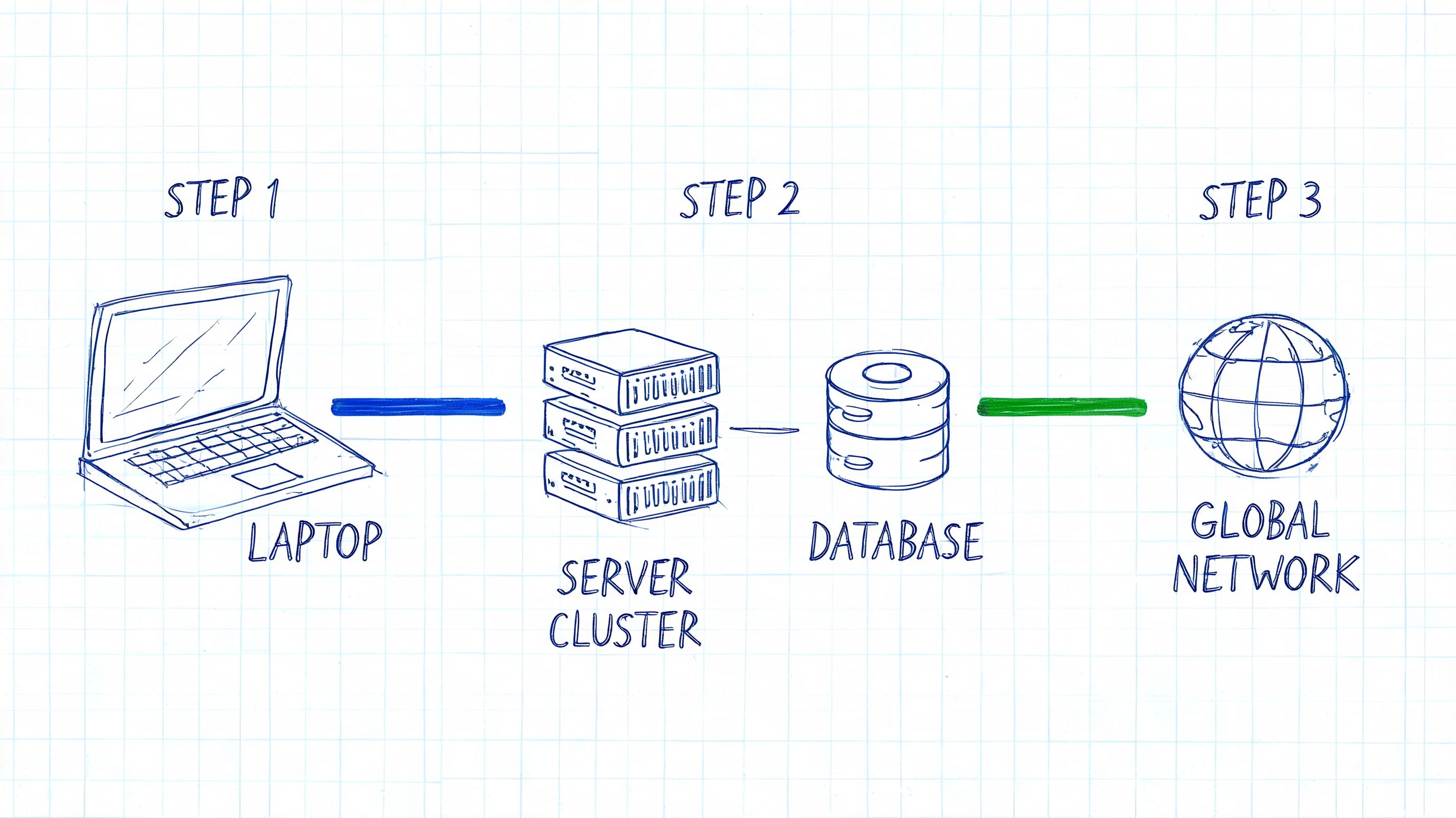 A hand-drawn illustration showing a three-step cloud infrastructure process from a laptop to servers and a global network.