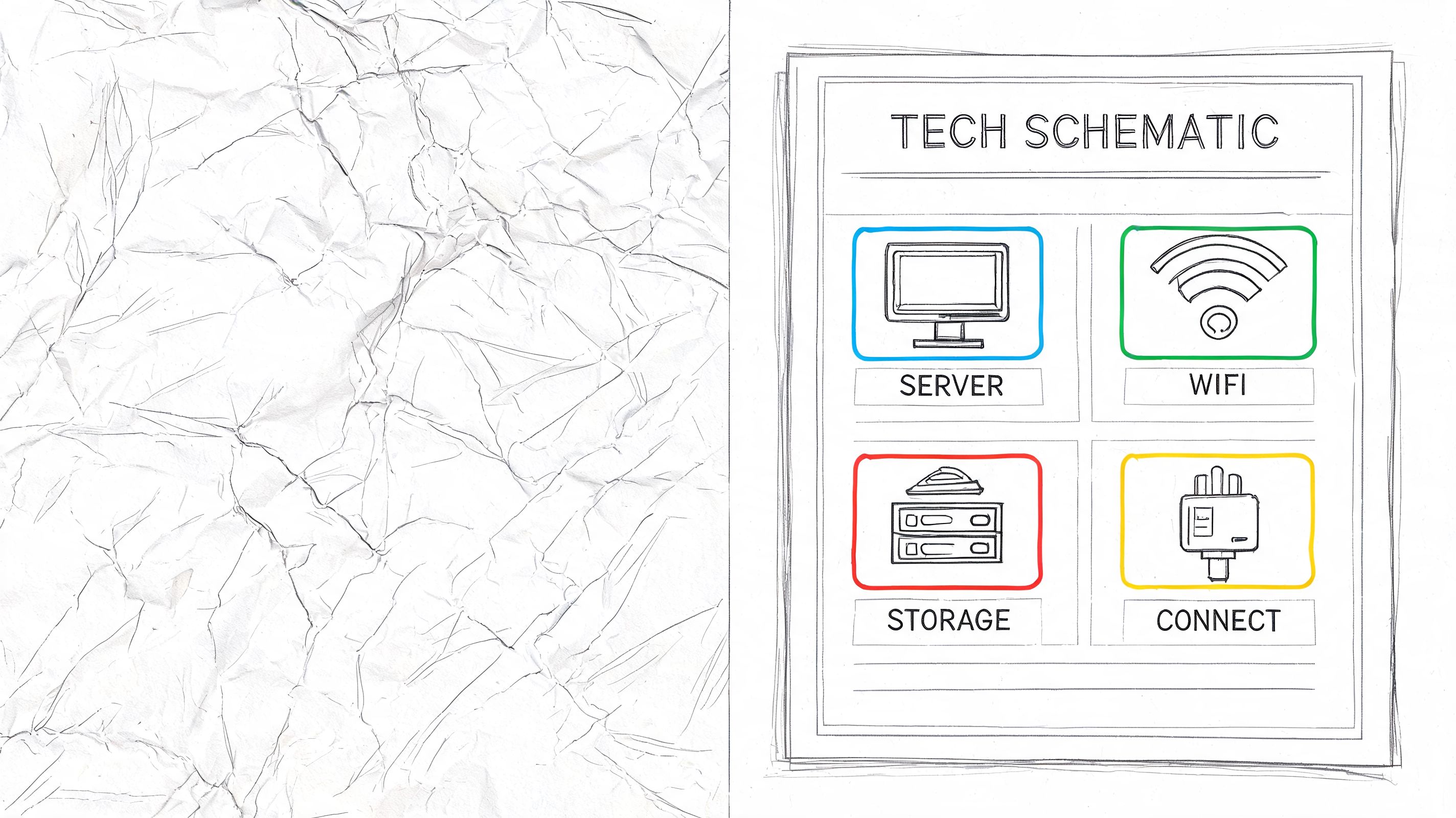 A sketched diagram titled Tech Schematic featuring icons for server, wifi, storage, and connect on paper.