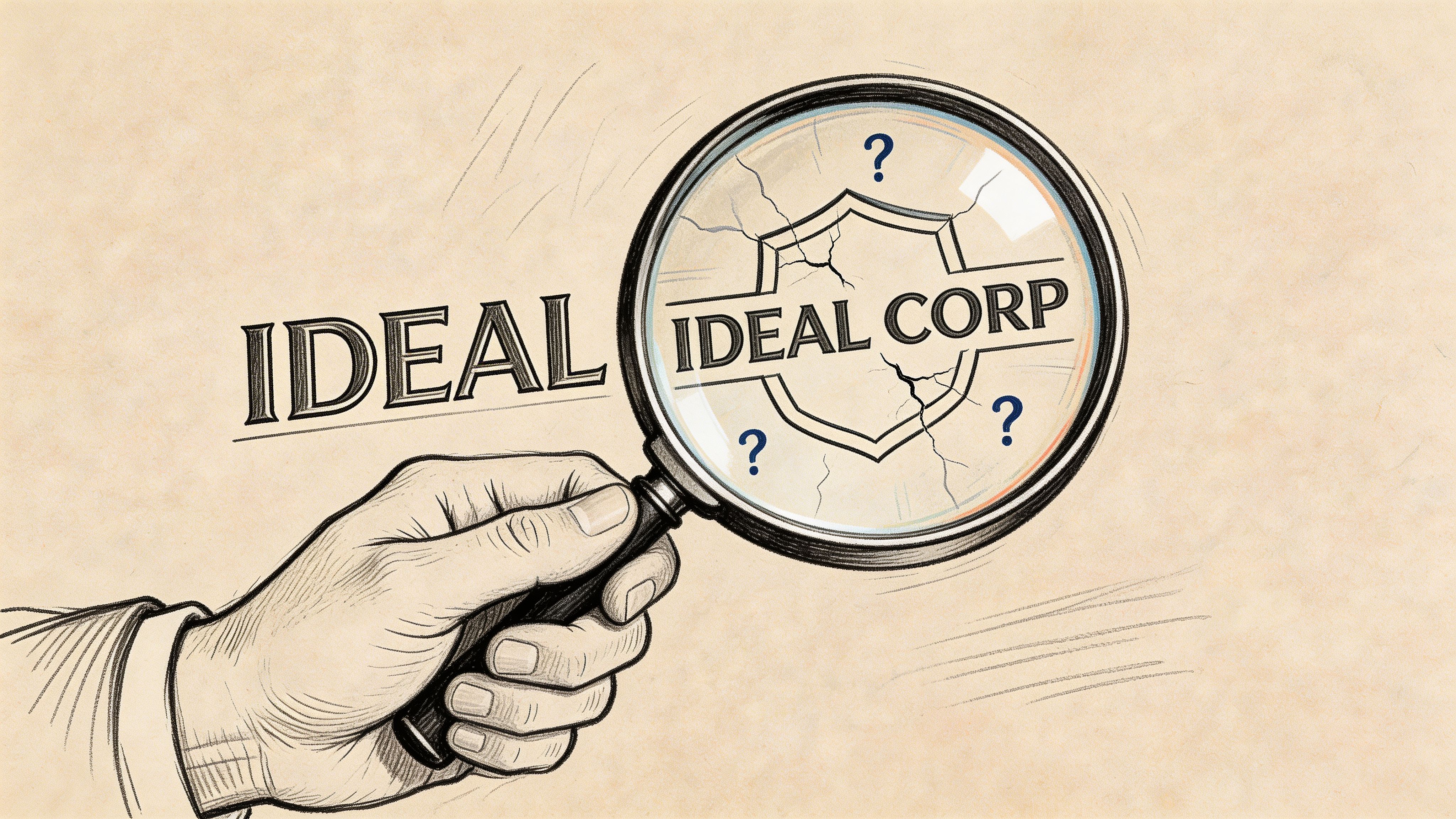 A hand holding a magnifying glass over a cracked shield logo labeled Ideal Corp with question marks.