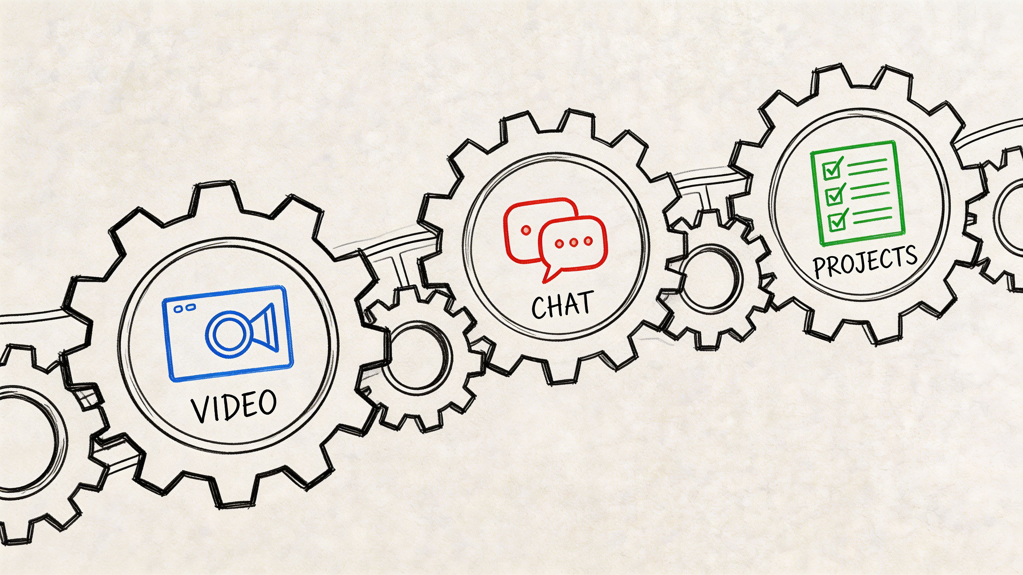 A hand-drawn illustration showing gears representing video conferencing, chat, and project management tools for collaboration.