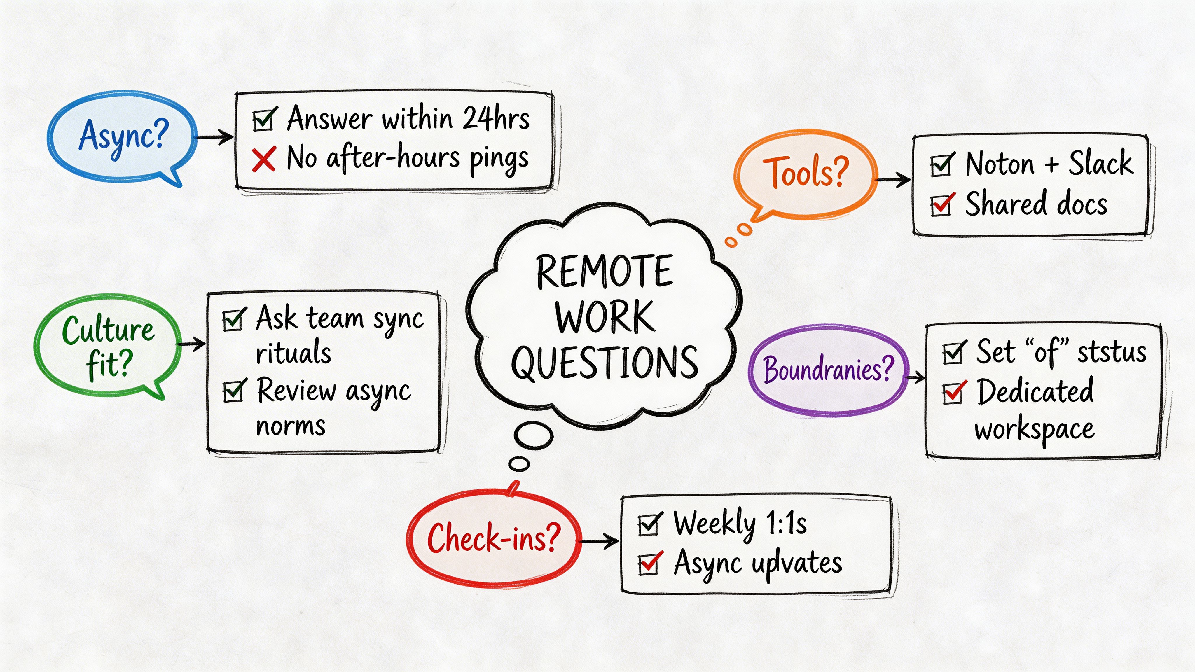 A hand-drawn mind map outlining key considerations and best practices for successful remote work communication and collaboration.