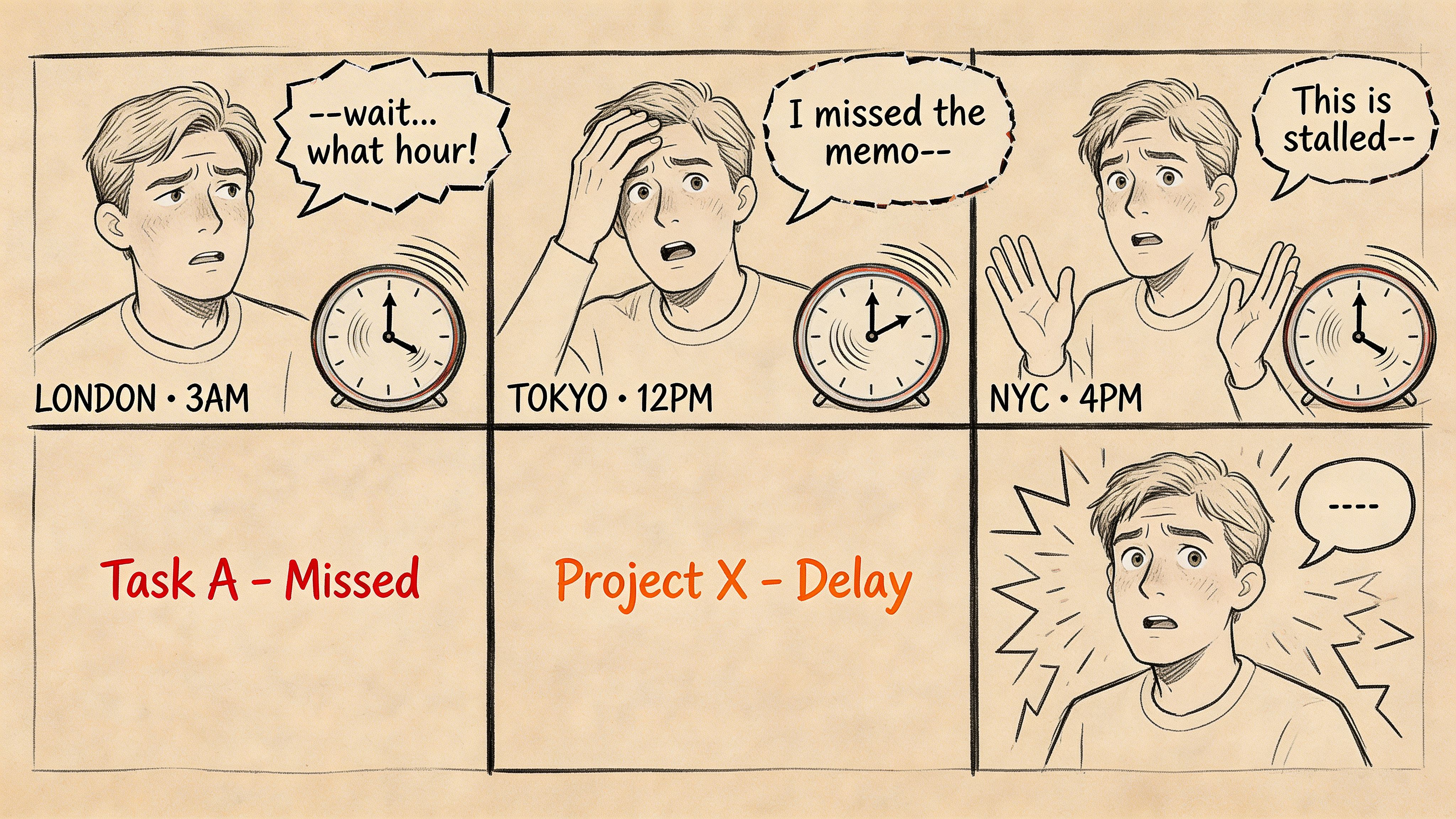 A comic illustration showing a stressed man tracking different time zones and suffering from project communication failures.