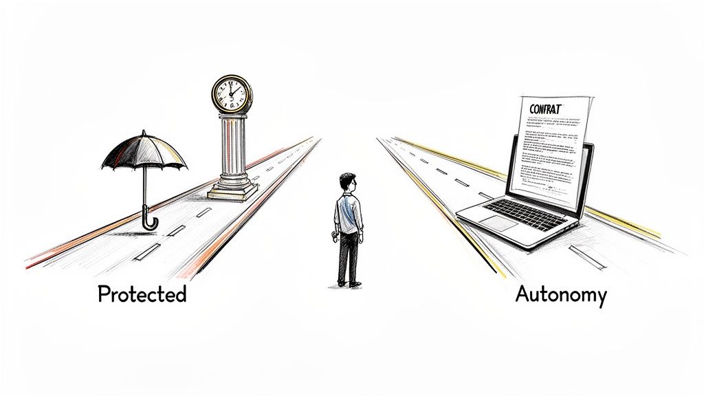 Man chooses between protected career path (umbrella, clock) and autonomous path (laptop, contract).