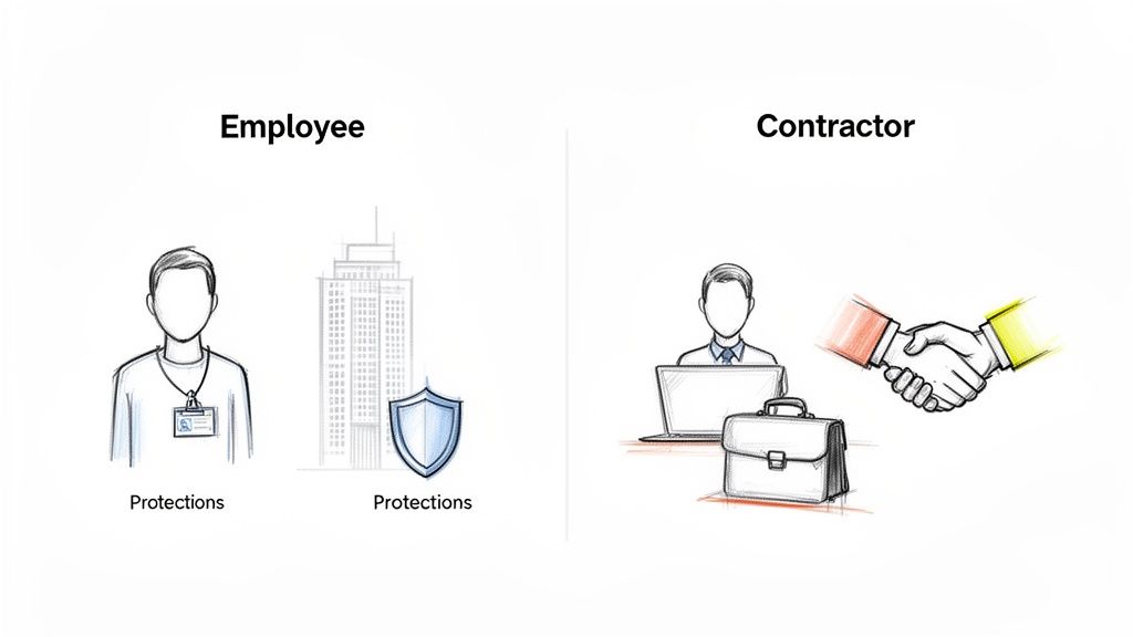 Illustration comparing an employee with company protections and a contractor working with a laptop and handshake.