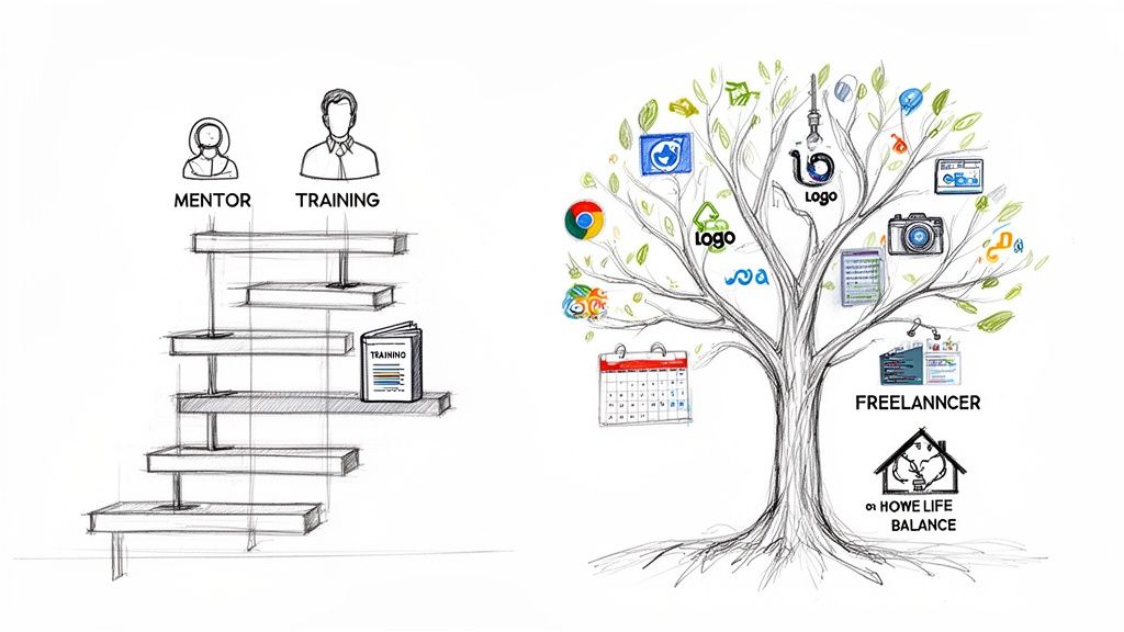 Hand-drawn illustration depicting career development via mentorship and training versus a flexible freelance lifestyle.