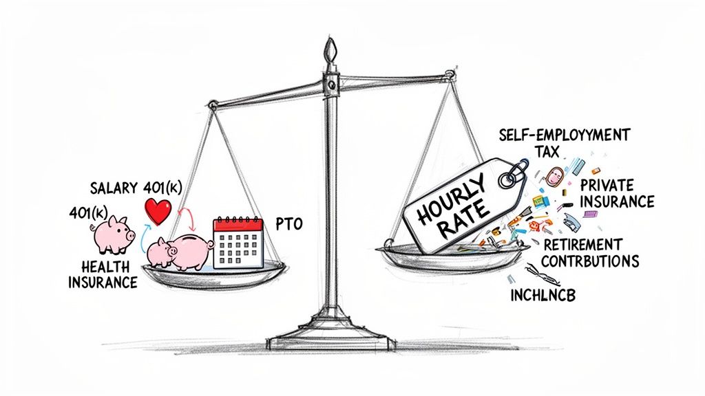 A balance scale illustrates the differences between full-time employee benefits and hourly contract costs.