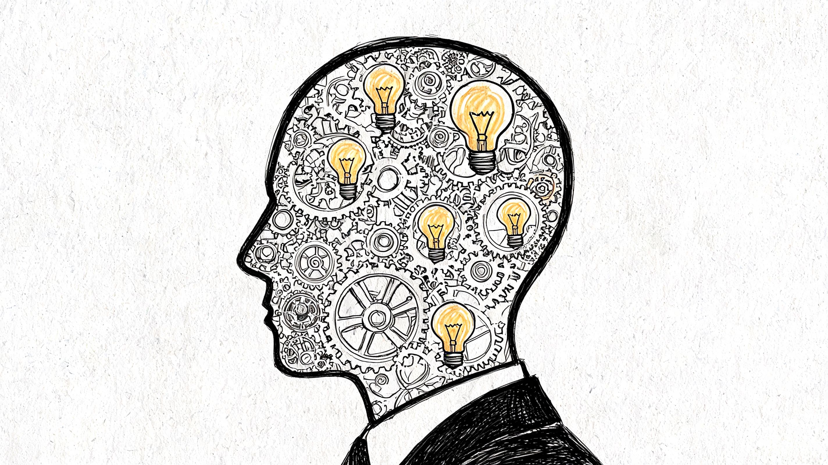 A creative illustration of a silhouette head filled with interconnected mechanical gears and glowing yellow light bulbs.
