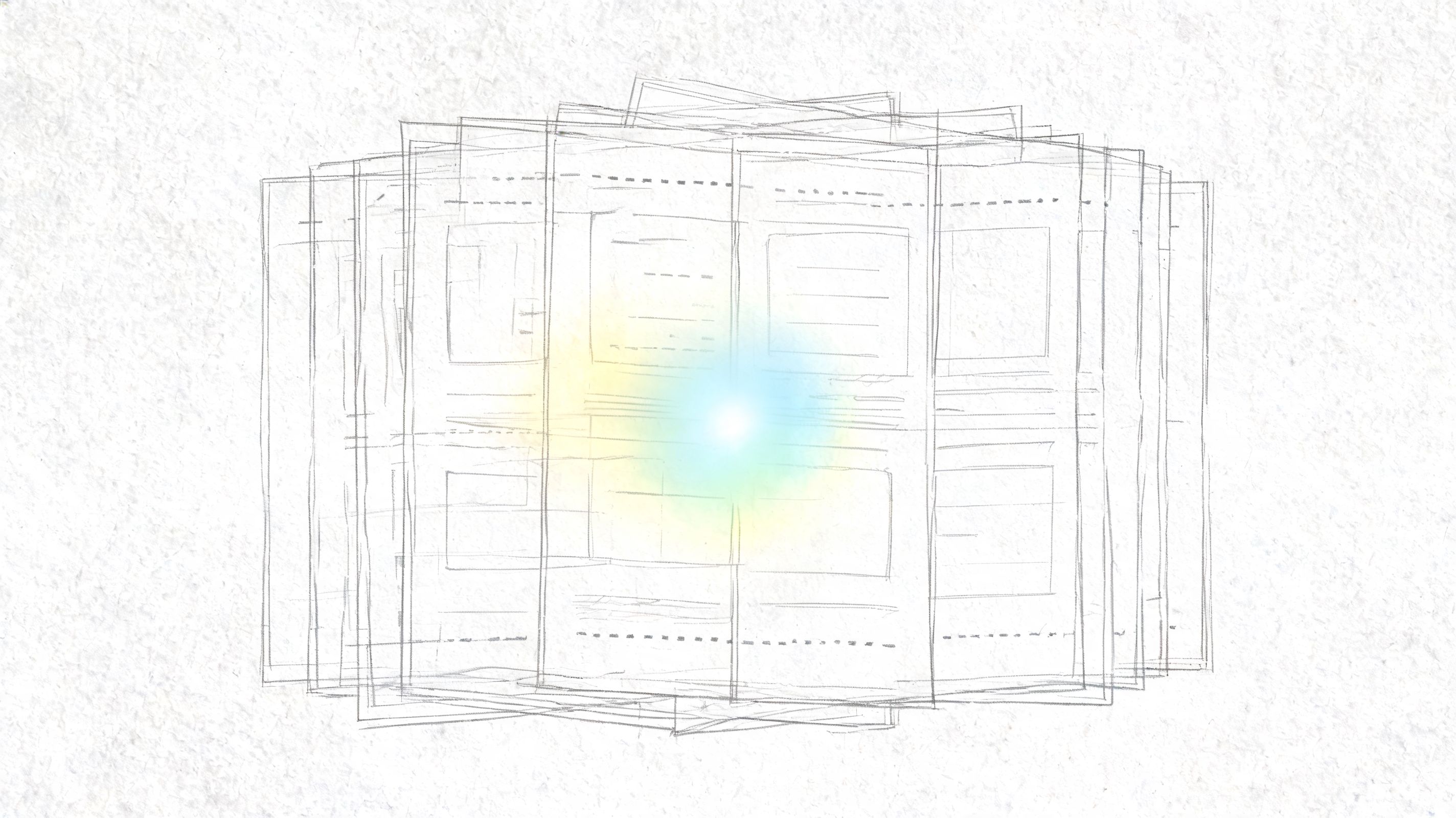 A pencil sketch of stacked paper documents with a bright glowing light emanating from the center.