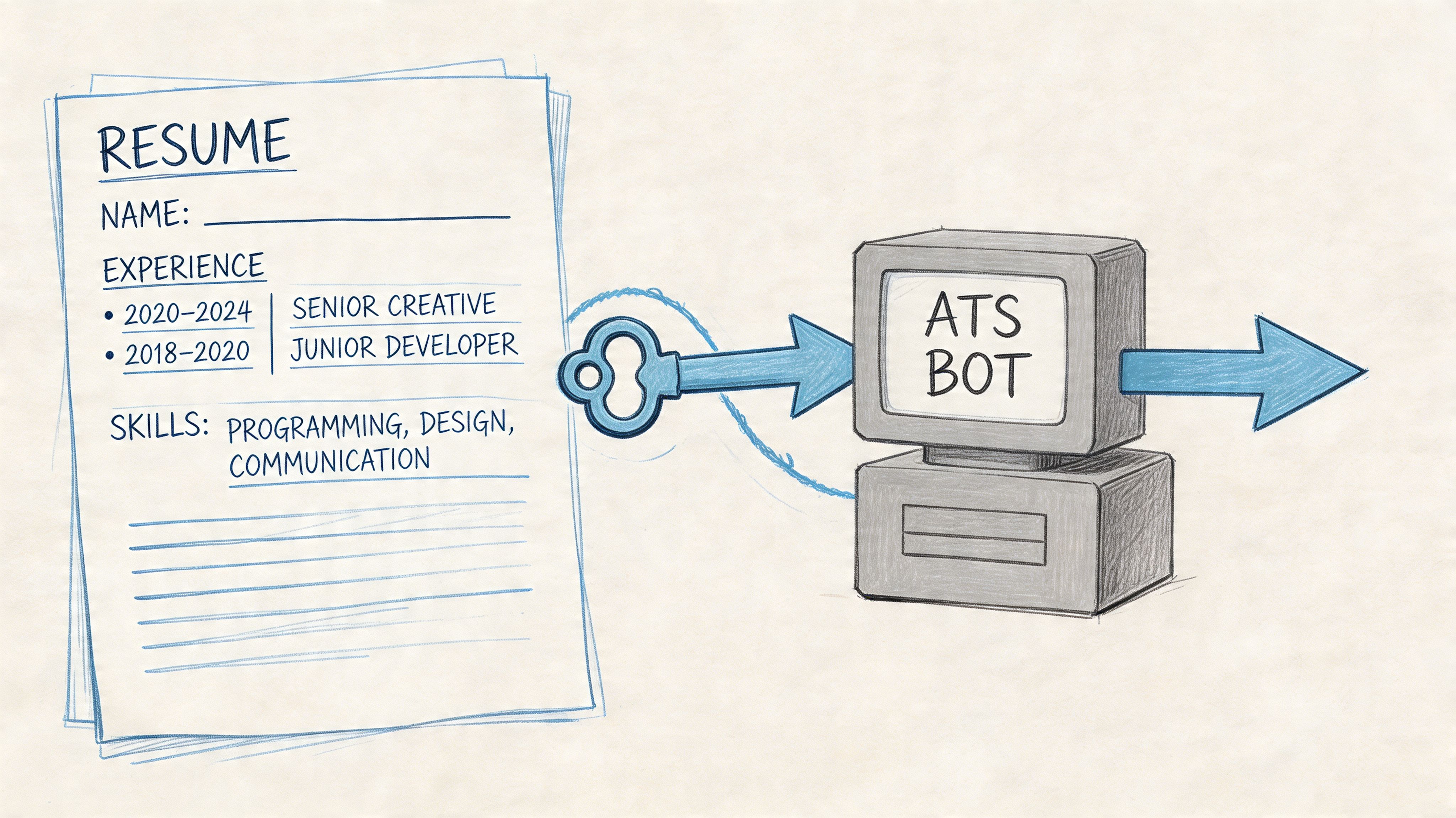 A hand-drawn illustration showing a resume being processed by an ATS bot computer system using a key.