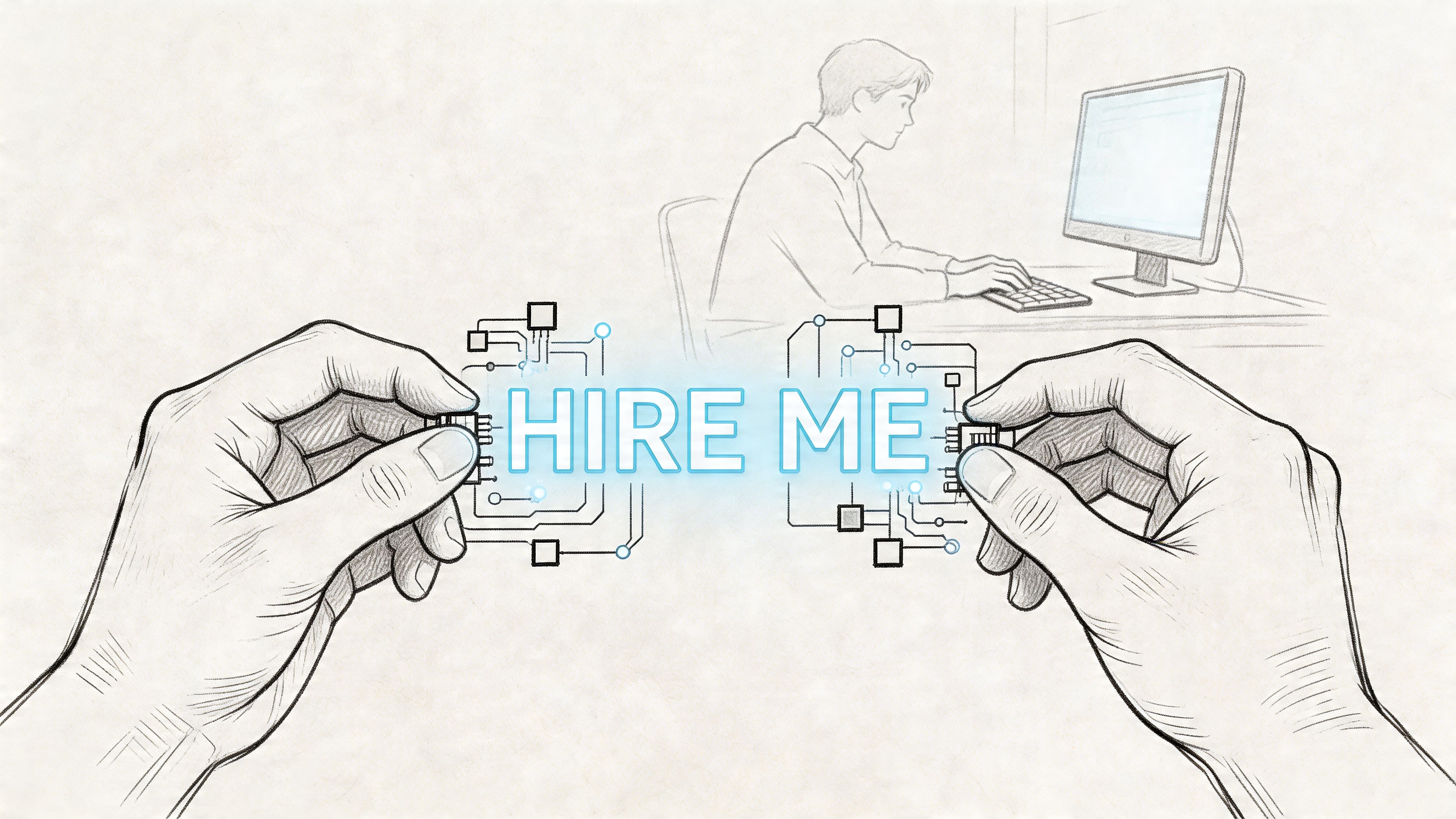 A pencil sketch of hands connecting circuit components with the glowing blue text Hire Me displayed.