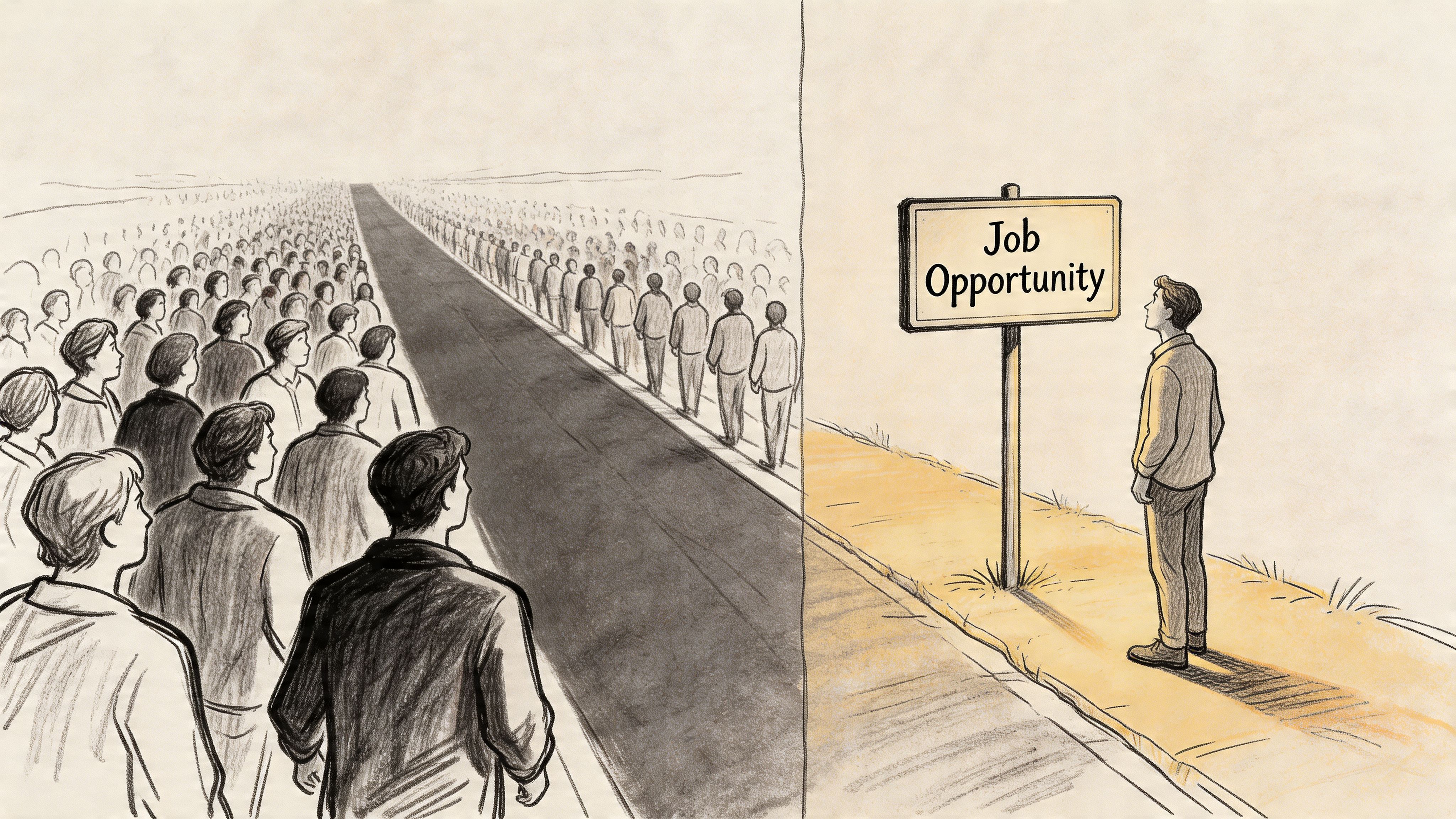 A conceptual illustration showing a large crowd of people walking one way and a lone person standing near a Job Opportunity sign.