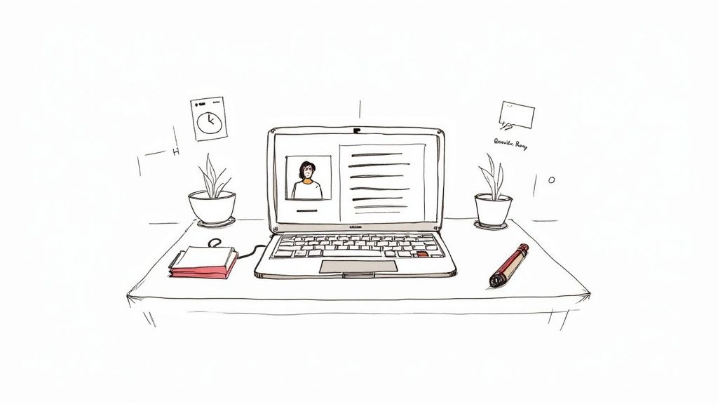 A person working on a laptop at a clean, modern desk, symbolizing a professional remote work setup.