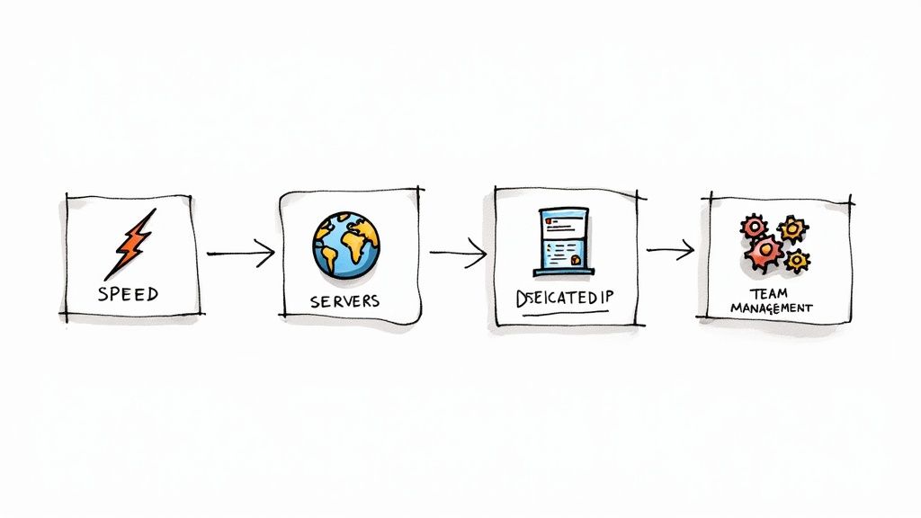 A stylized graphic showing three different VPN provider logos on shields, representing a comparison of their features.