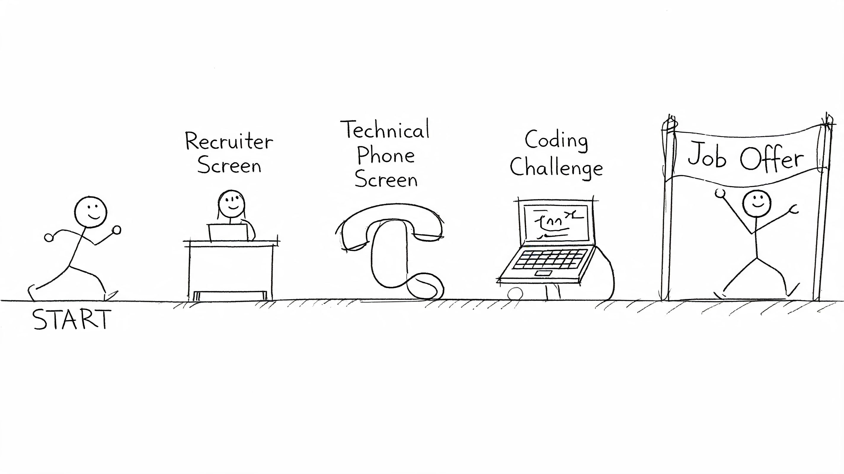 A hand-drawn illustration showing a job applicant navigating through interview stages towards a final job offer.