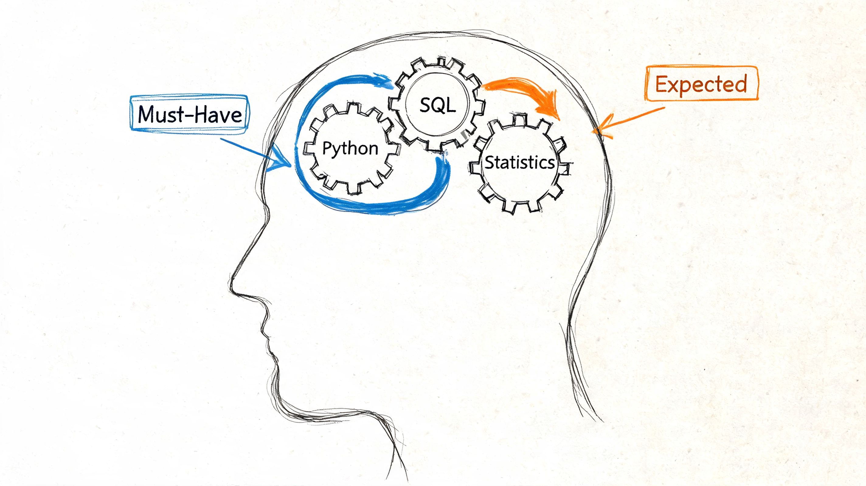 A hand-drawn illustration of a human head containing three gears representing Python, SQL, and Statistics skills.