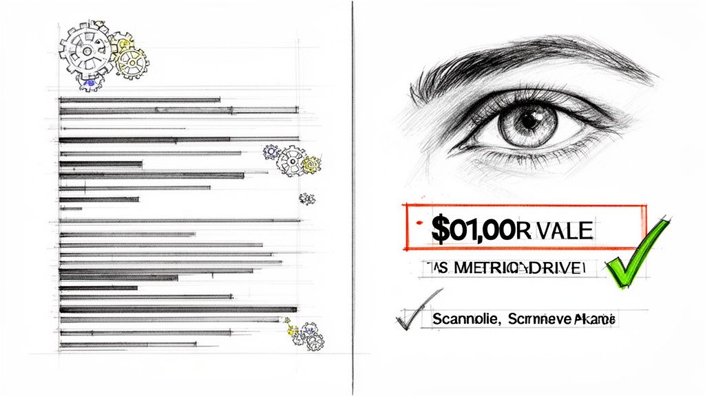 A hand-drawn sketch illustrating a bar chart with gears on the left, and an eye with metric-related text and checkmarks on the right.